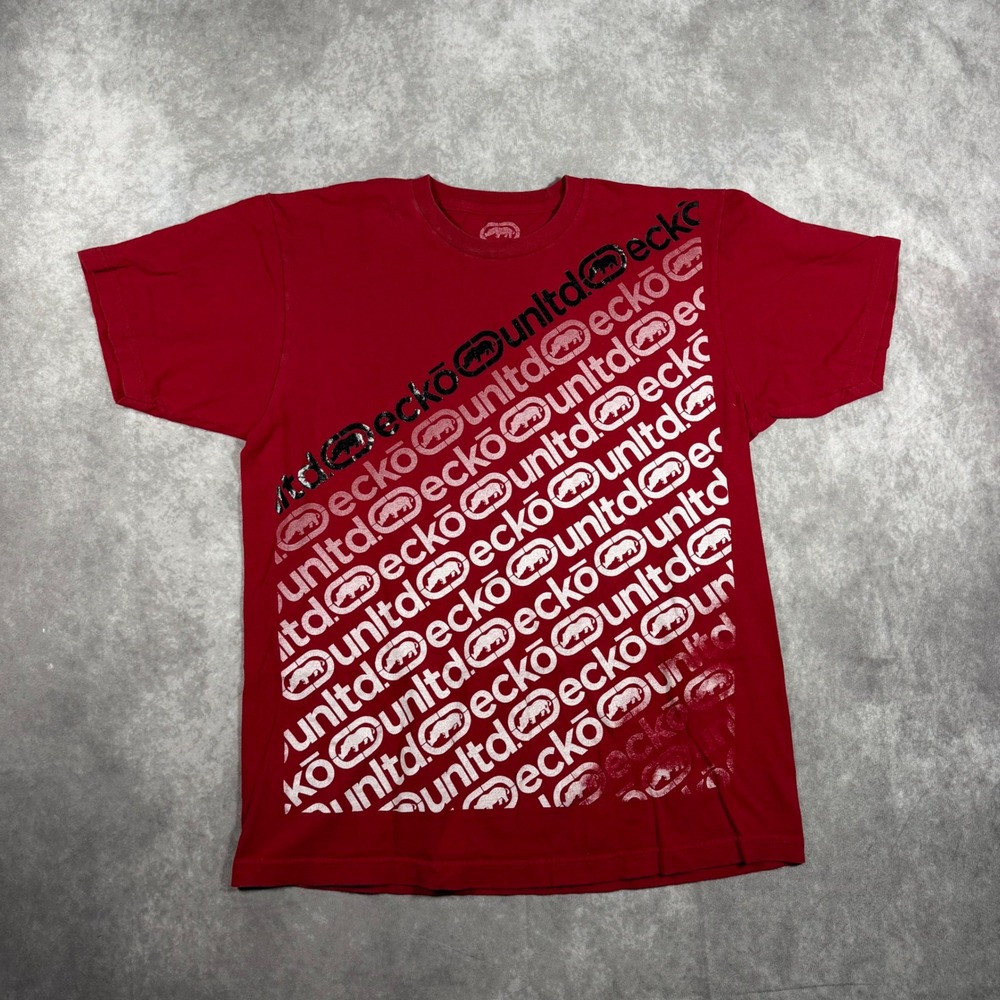 Ecko Unltd Mens Red Graphic T-Shirt Rhino Logo Print Size L Y2K Skater Style